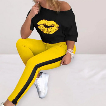 2 τμχ/Σετ Γυναικείο Τοπ Παντελόνι Σετ Lip Print Αθλητική φόρμα Casual Sports Ελαστική μέση Γυναικεία μπλουζάκι Παντελόνι Παντελόνι Γυναικείο Ένδυμα