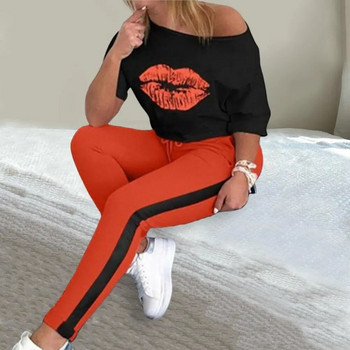 2 τμχ/Σετ Γυναικείο Τοπ Παντελόνι Σετ Lip Print Αθλητική φόρμα Casual Sports Ελαστική μέση Γυναικεία μπλουζάκι Παντελόνι Παντελόνι Γυναικείο Ένδυμα