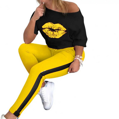 2 τμχ/Σετ Γυναικείο Τοπ Παντελόνι Σετ Lip Print Αθλητική φόρμα Casual Sports Ελαστική μέση Γυναικεία μπλουζάκι Παντελόνι Παντελόνι Γυναικείο Ένδυμα