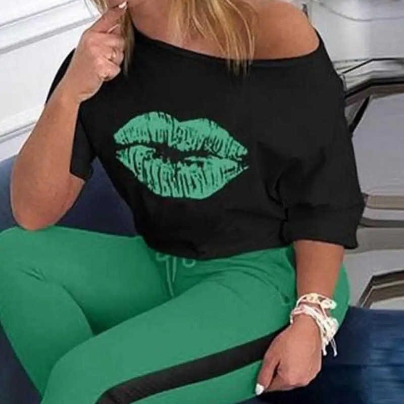 2 kom/komplet Ženska majica s otisnutim usnama Sportska trenirka Ležerna sportska majica s elastičnim strukom Ženska majica Hlače Odijelo Ženska odjeća