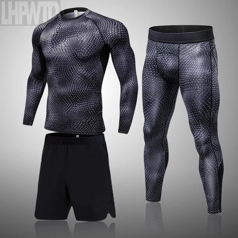 Мъжки компресионен комплект ММА Дълго термо бельо Тениска Мъжки тесни панталони Фитнес бодибилдинг дрехи Рашгард Спортни костюми