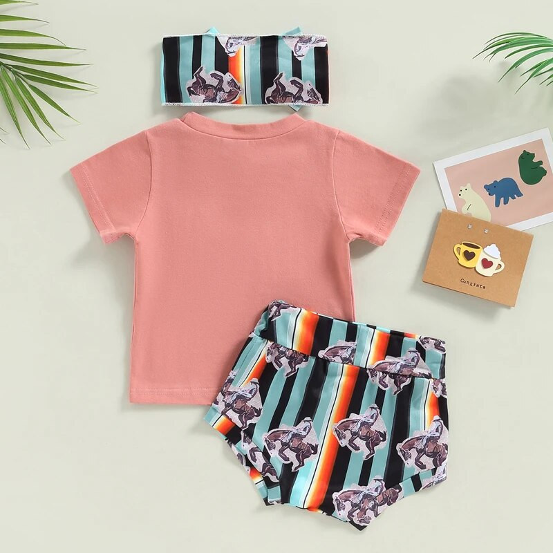 Новородени 3 бр. Тениски Облекла за бебета Момичета Горнище с къс ръкав Раирана Къси панталони с принт на коне Лента за коса Памучни дрехи Костюми за малки деца
