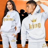Férfi pulóver sportöltöny KING QUEEN Print Laza pulóver pulóverek szettek Polar polár páros öltöny Női alkalmi kétrészes szett
