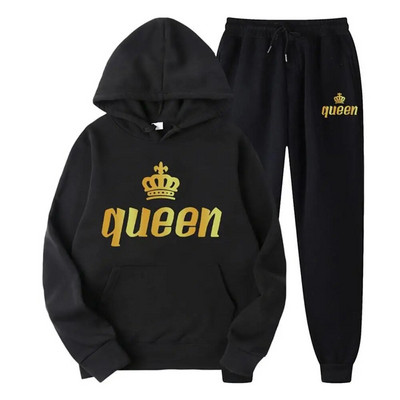 Férfi pulóver sportöltöny KING QUEEN Print Laza pulóver pulóverek szettek Polar polár páros öltöny Női alkalmi kétrészes szett