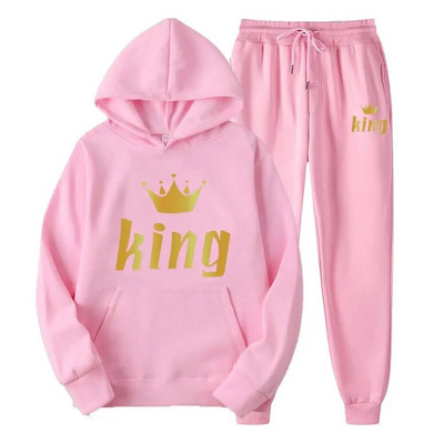 Férfi pulóver sportöltöny KING QUEEN Print Laza pulóver pulóverek szettek Polar polár páros öltöny Női alkalmi kétrészes szett