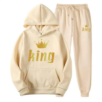 Férfi pulóver sportöltöny KING QUEEN Print Laza pulóver pulóverek szettek Polar polár páros öltöny Női alkalmi kétrészes szett