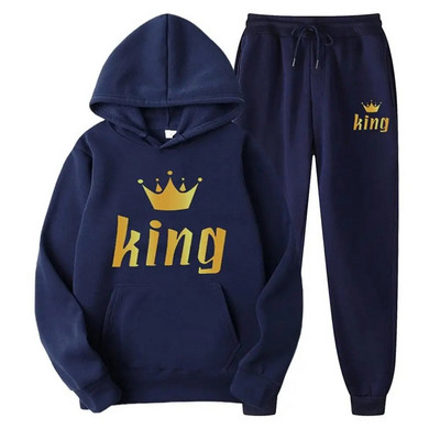 Férfi pulóver sportöltöny KING QUEEN Print Laza pulóver pulóverek szettek Polar polár páros öltöny Női alkalmi kétrészes szett