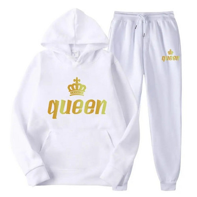Férfi pulóver sportöltöny KING QUEEN Print Laza pulóver pulóverek szettek Polar polár páros öltöny Női alkalmi kétrészes szett
