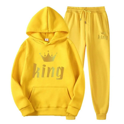 Férfi pulóver sportöltöny KING QUEEN Print Laza pulóver pulóverek szettek Polar polár páros öltöny Női alkalmi kétrészes szett