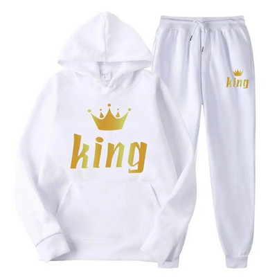 Férfi pulóver sportöltöny KING QUEEN Print Laza pulóver pulóverek szettek Polar polár páros öltöny Női alkalmi kétrészes szett