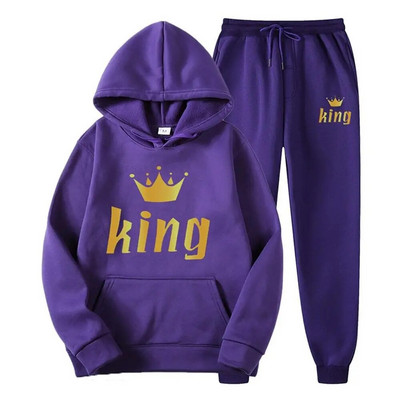 Férfi pulóver sportöltöny KING QUEEN Print Laza pulóver pulóverek szettek Polar polár páros öltöny Női alkalmi kétrészes szett