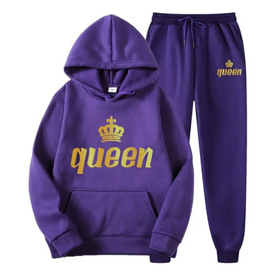 Férfi pulóver sportöltöny KING QUEEN Print Laza pulóver pulóverek szettek Polar polár páros öltöny Női alkalmi kétrészes szett