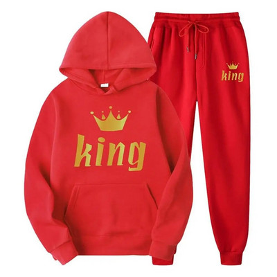 Férfi pulóver sportöltöny KING QUEEN Print Laza pulóver pulóverek szettek Polar polár páros öltöny Női alkalmi kétrészes szett