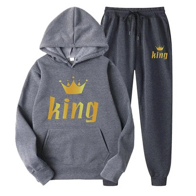 Férfi pulóver sportöltöny KING QUEEN Print Laza pulóver pulóverek szettek Polar polár páros öltöny Női alkalmi kétrészes szett