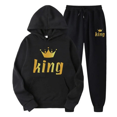 Férfi pulóver sportöltöny KING QUEEN Print Laza pulóver pulóverek szettek Polar polár páros öltöny Női alkalmi kétrészes szett