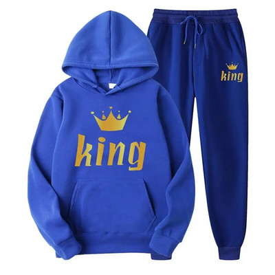 Férfi pulóver sportöltöny KING QUEEN Print Laza pulóver pulóverek szettek Polar polár páros öltöny Női alkalmi kétrészes szett