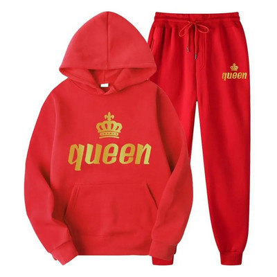 Férfi pulóver sportöltöny KING QUEEN Print Laza pulóver pulóverek szettek Polar polár páros öltöny Női alkalmi kétrészes szett