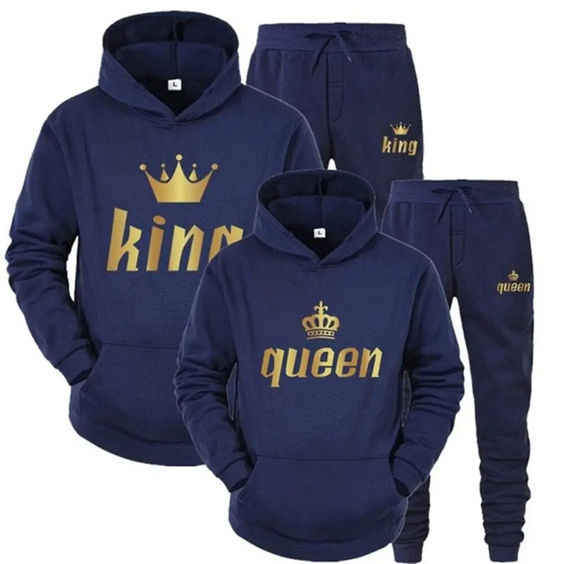 Vīriešu džemperis sporta uzvalks KING QUEEN Print Brīvs džemperis Hoodies komplekti Polar Fleece Couple Suit Sieviešu ikdienas divdaļīgs komplekts