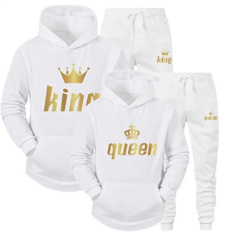 Vīriešu džemperis sporta uzvalks KING QUEEN Print Brīvs džemperis Hoodies komplekti Polar Fleece Couple Suit Sieviešu ikdienas divdaļīgs komplekts