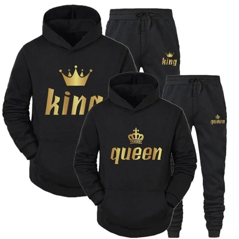 Vīriešu džemperis sporta uzvalks KING QUEEN Print Brīvs džemperis Hoodies komplekti Polar Fleece Couple Suit Sieviešu ikdienas divdaļīgs komplekts