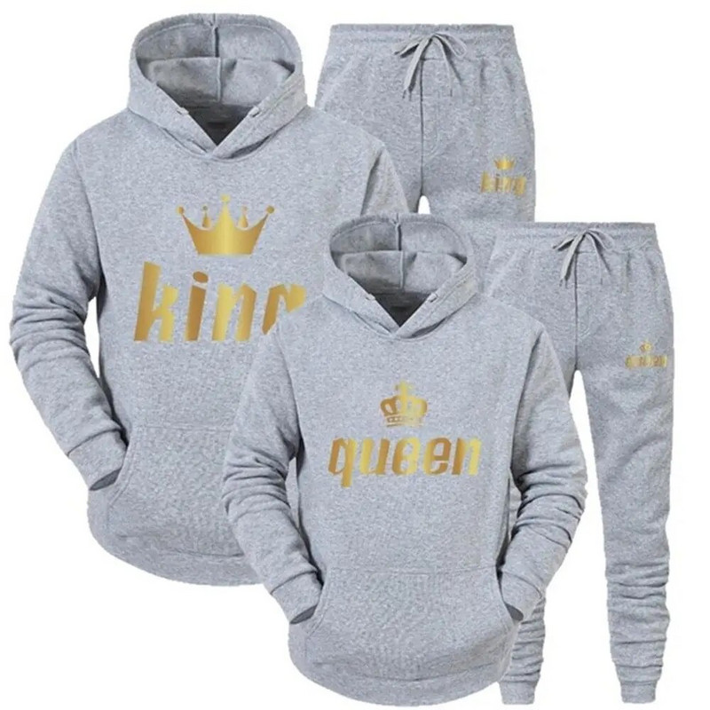 Vīriešu džemperis sporta uzvalks KING QUEEN Print Brīvs džemperis Hoodies komplekti Polar Fleece Couple Suit Sieviešu ikdienas divdaļīgs komplekts