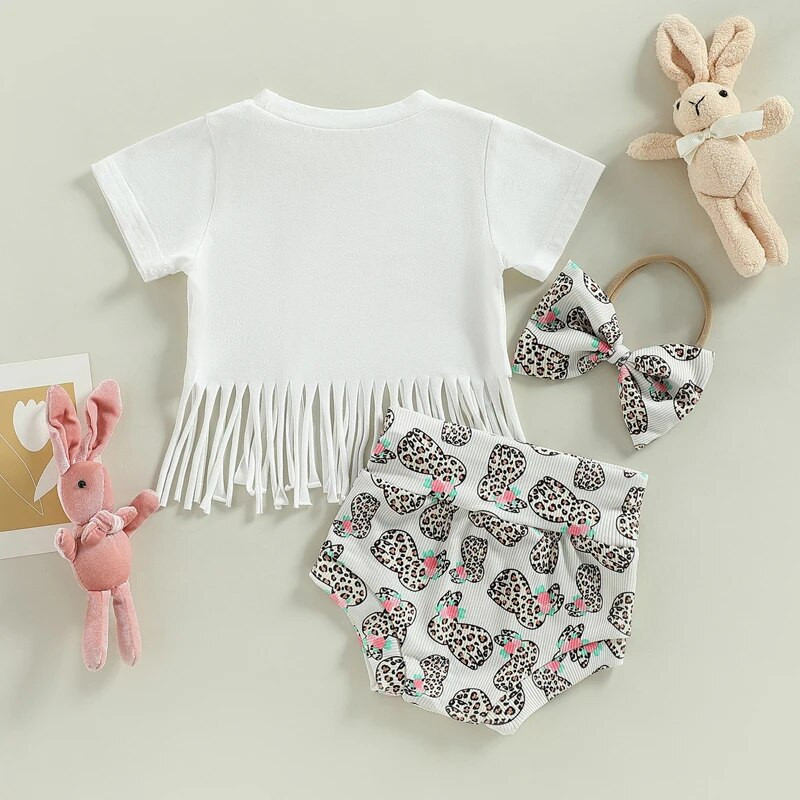 Прохождащи бебета и момичета Комплект дрехи от 2 бр. Прекрасни летни детски тениски с къси ръкави + леопардови панталони + екипи с лента за коса Детски екипи