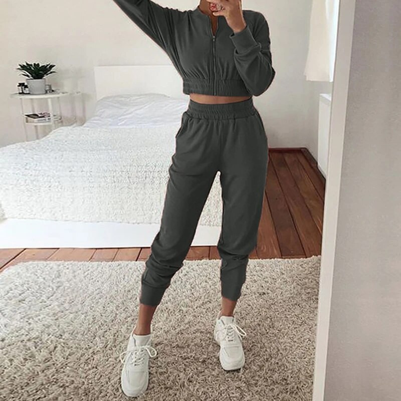 2021 Моден спортен костюм Комплект от 2 бр. Дамски анцуг С дълъг ръкав Тънко яке с цип + Панталони за джогинг Спортни панталони Улично облекло Ежедневно облекло