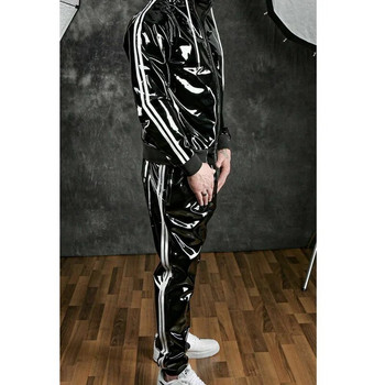 Νέο ανδρικό κοστούμι με κουκούλα PU δερμάτινο casual Sports Φωτεινό δερμάτινο Top Plus παντελόνι κοστούμι τζόκινγκ