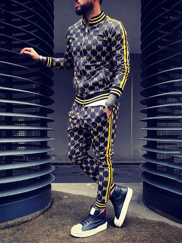 Нов кариран спортен костюм Мъжки комплекти Джентълменско яке Спортно облекло 3D печат Комплект от 2 части Мъжки спортен костюм Спортни панталони Chandals Мъжки дрехи