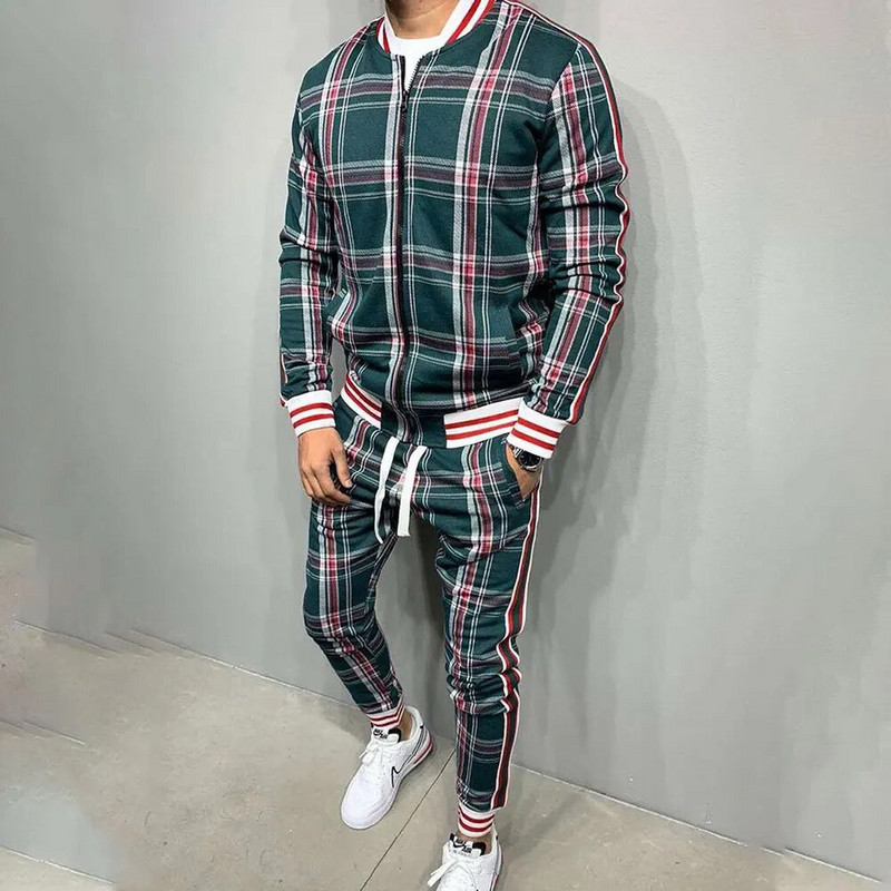 Нов кариран спортен костюм Мъжки комплекти Джентълменско яке Спортно облекло 3D печат Комплект от 2 части Мъжки спортен костюм Спортни панталони Chandals Мъжки дрехи