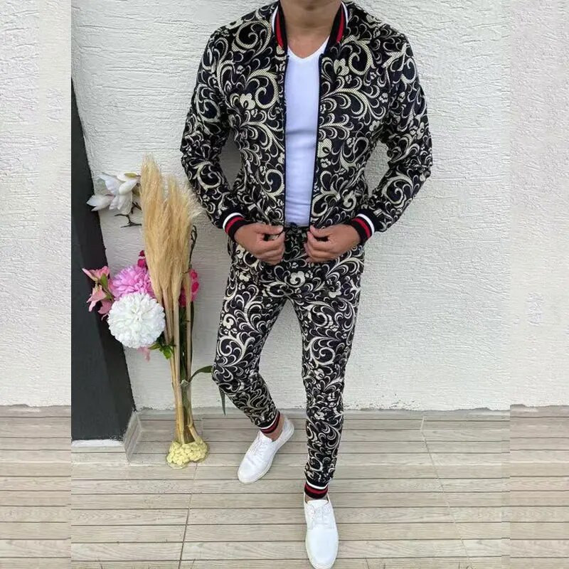 Нов кариран спортен костюм Мъжки комплекти Джентълменско яке Спортно облекло 3D печат Комплект от 2 части Мъжки спортен костюм Спортни панталони Chandals Мъжки дрехи