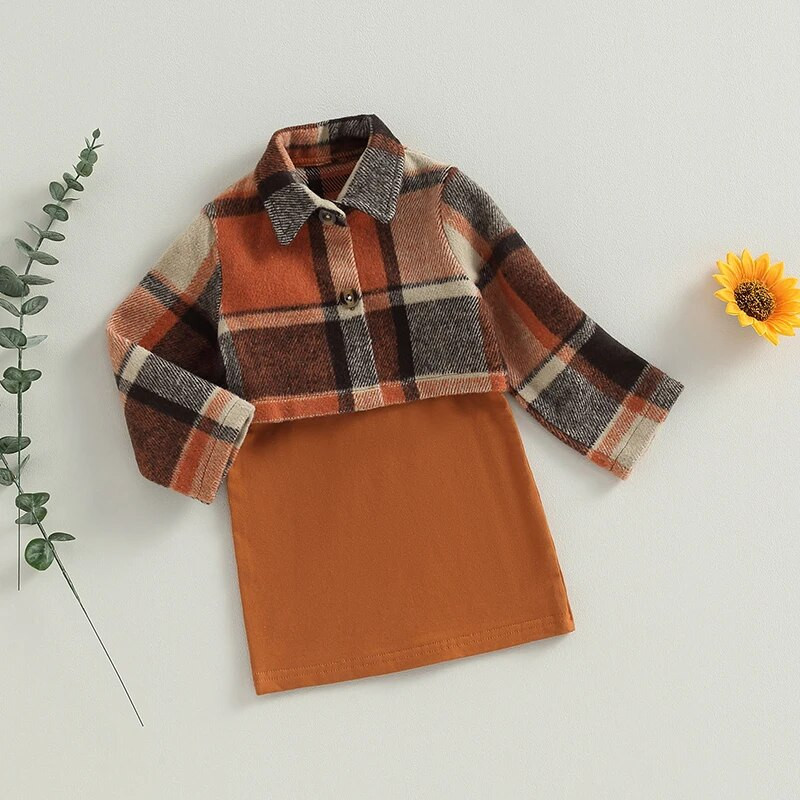 Деца, бебета, момичета, модно лятно връхно облекло, детска слинг рокля без ръкави + карирано яке с дълъг ръкав Ежедневно облекло за малко дете