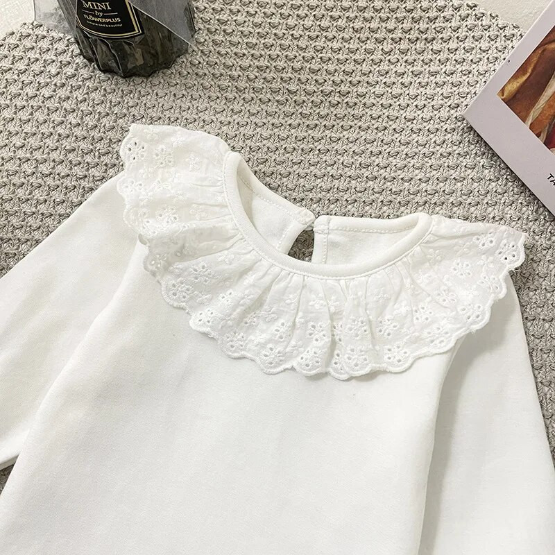 1623B Бебешка тениска 2022 Пролет Есен Детска яка за кукли Долна риза с дълъг ръкав 0-3T Долни части за момичета Сладка тениска