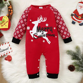 0-18 hónapos Baby Girl & Boy karácsonyi szarvas mintás hópehely piros kerek nyakú, hosszú ujjú jumpsuit Fesztivál ünnepi ruházat