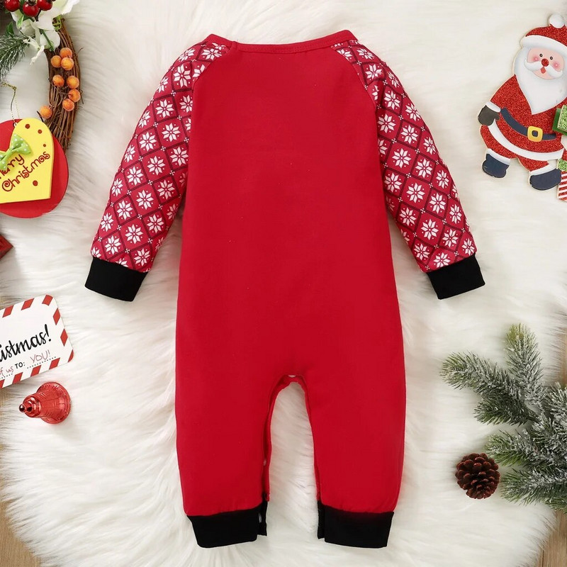 0-18 месеца Бебе момиче и момче Коледен гащеризон с принт на лосове Снежинка Червен гащеризон с кръгло деколте и дълъг ръкав Фестивално облекло