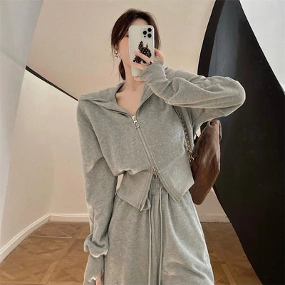 Ανοιξιάτικο φθινόπωρο μόδας Casual αθλητικό κοστούμι Διπλό φερμουάρ Φαρδύ μπουφάν με κουκούλα μονόχρωμο Γυναικείο φοιτητικό σετ 2 τεμαχίων