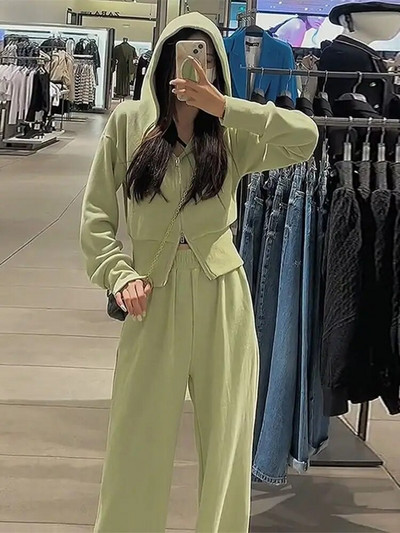 Ανοιξιάτικο φθινόπωρο μόδας Casual αθλητικό κοστούμι Διπλό φερμουάρ Φαρδύ μπουφάν με κουκούλα μονόχρωμο Γυναικείο φοιτητικό σετ 2 τεμαχίων