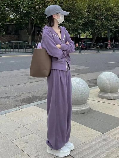 Ανοιξιάτικο φθινόπωρο μόδας Casual αθλητικό κοστούμι Διπλό φερμουάρ Φαρδύ μπουφάν με κουκούλα μονόχρωμο Γυναικείο φοιτητικό σετ 2 τεμαχίων