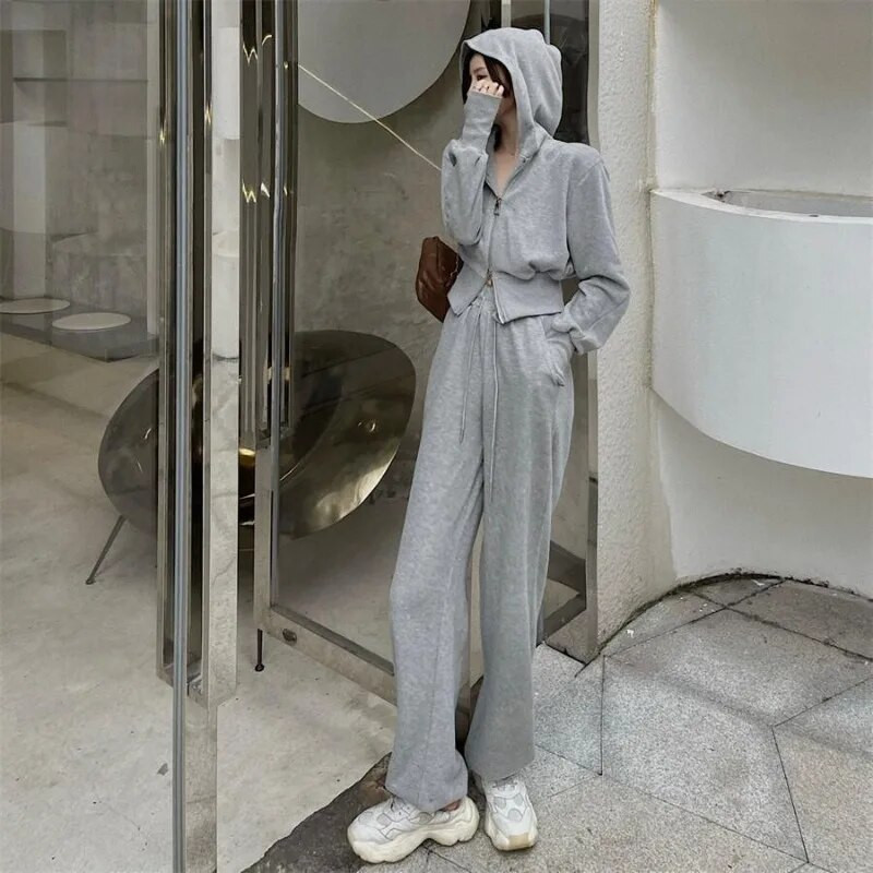 Пролет Есен Моден ежедневен спортен костюм Двоен цип Свободно яке с качулка Едноцветен спортен панталон Дамски студентски комплекти от 2 части