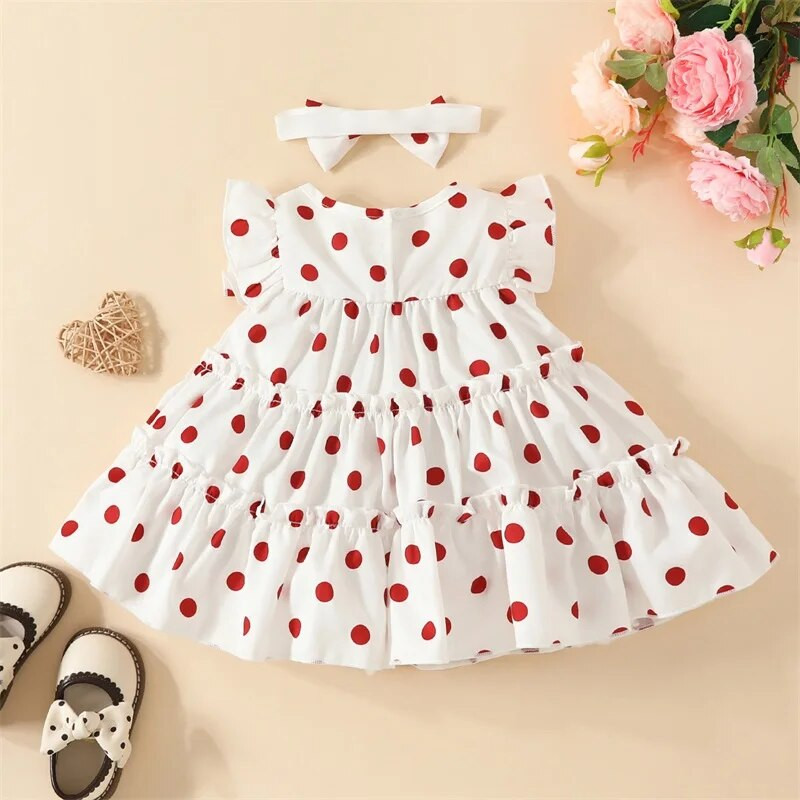 Прекрасна лятна рокля за момиченце Ежедневни поли с волани Ръкави за малки деца Рокля с принт на точки Лента за глава Детско облекло на принцеса