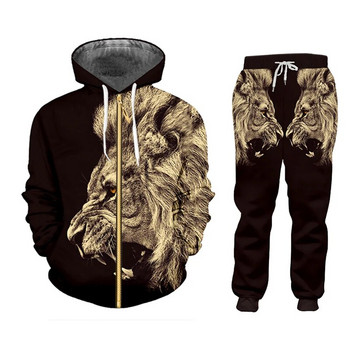 CJLM Casual Ανδρική φόρμα αθλητικής φόρμας Παντελόνι με κουκούλα 3D Εκτύπωση 3D Χειμερινό τζάκετ δύο τεμαχίων ανδρικό φαρδύ μεγάλο μέγεθος μαύρο Animal Lion Suit Sports