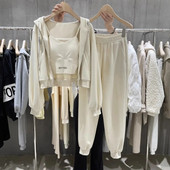 Γυναικεία φθινοπωρινά Casual Sport Σετ τριών τεμαχίων Fashion μακρυμάνικο παλτό με κουκούλα με καμισόλ ελαστικό παντελόνι jogger στη μέση