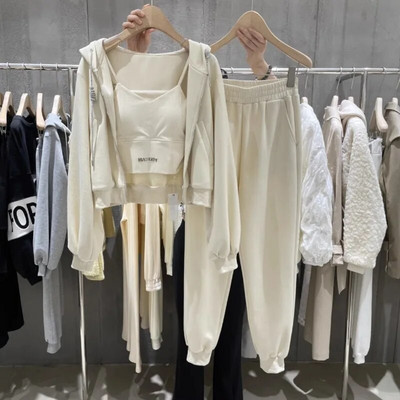 Γυναικεία φθινοπωρινά Casual Sport Σετ τριών τεμαχίων Fashion μακρυμάνικο παλτό με κουκούλα με καμισόλ ελαστικό παντελόνι jogger στη μέση