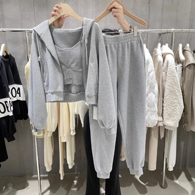 Γυναικεία φθινοπωρινά Casual Sport Σετ τριών τεμαχίων Fashion μακρυμάνικο παλτό με κουκούλα με καμισόλ ελαστικό παντελόνι jogger στη μέση