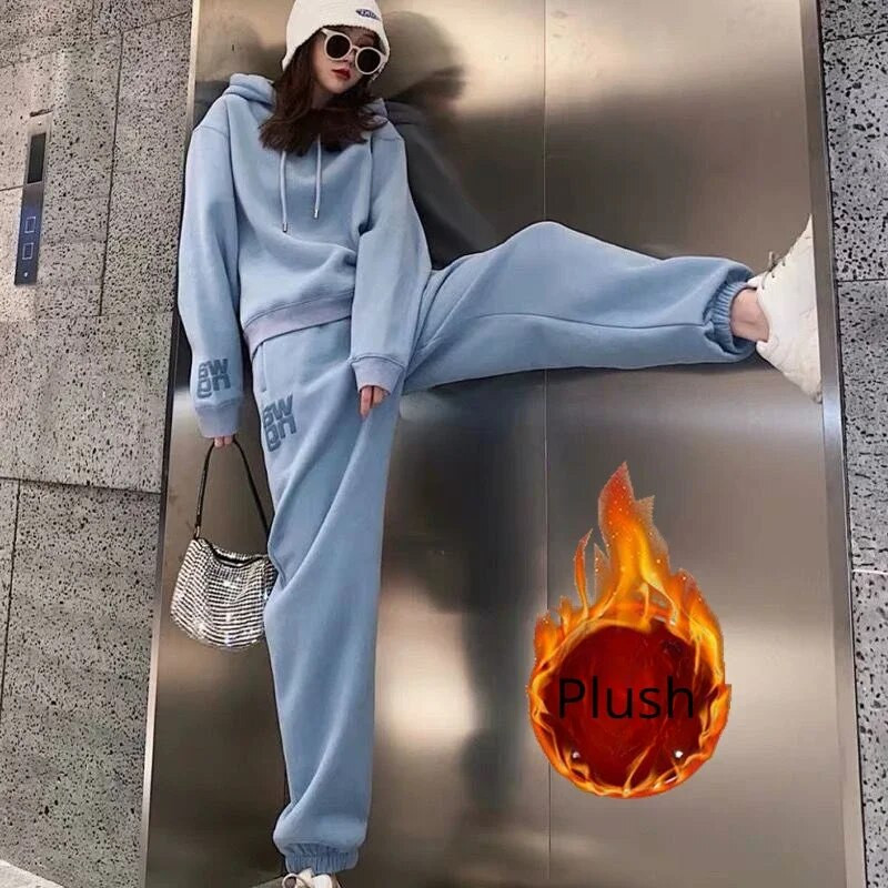 Пролетно-есенен син спортен костюм Дамски 23 Нов свободен пуловер с качулка Отпечатани букви Спортни панталони за бягане с еластична талия Комплекти от 2 части