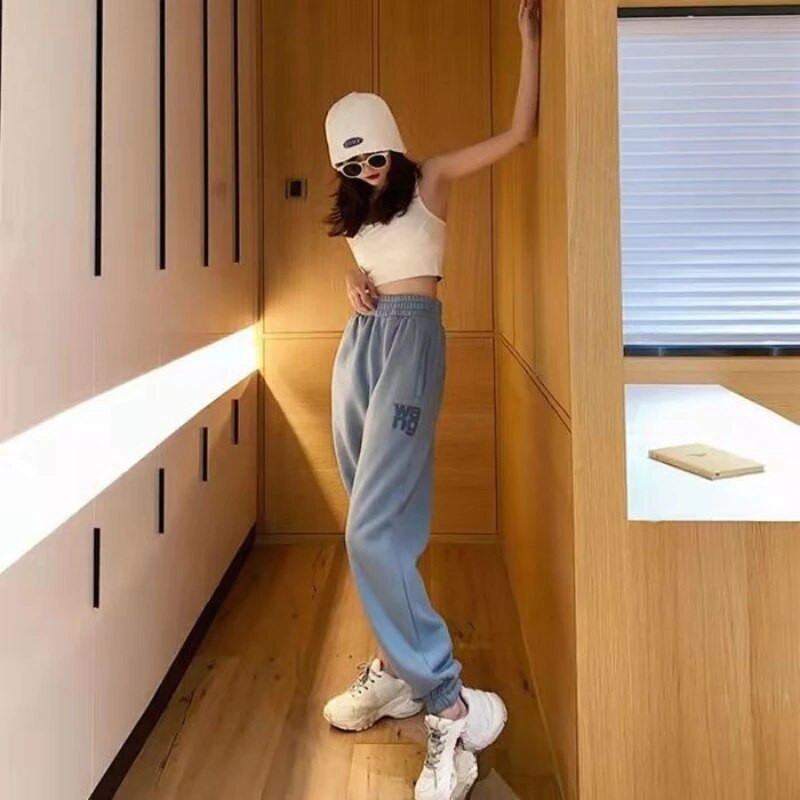 Пролетно-есенен син спортен костюм Дамски 23 Нов свободен пуловер с качулка Отпечатани букви Спортни панталони за бягане с еластична талия Комплекти от 2 части