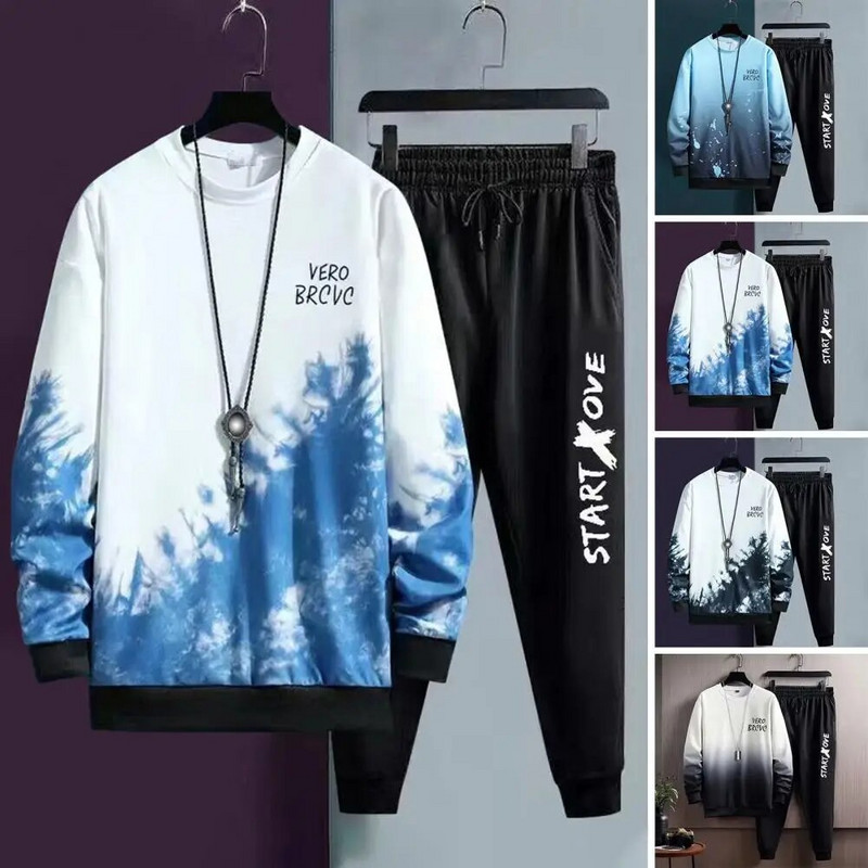 Спортен анцуг Мъжки есенен комплект спортно облекло Стилен комплект анцуг с вратовръзка и широка кройка Суичър Панталони с еластична талия за пролетта