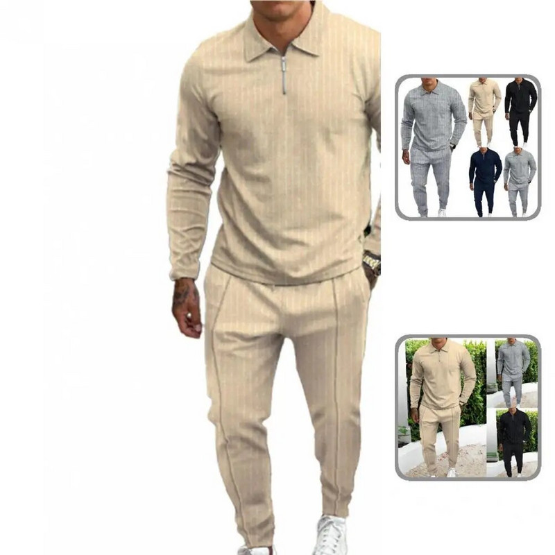 Мъжки анцуг Памучно абсорбиращо изпотяване ленено горнище с дълъг ръкав Спортен костюм със средна талия Панталон Костюм с цип и ревер