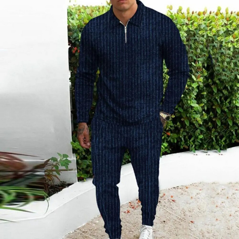 Мъжки анцуг Памучно абсорбиращо изпотяване ленено горнище с дълъг ръкав Спортен костюм със средна талия Панталон Костюм с цип и ревер