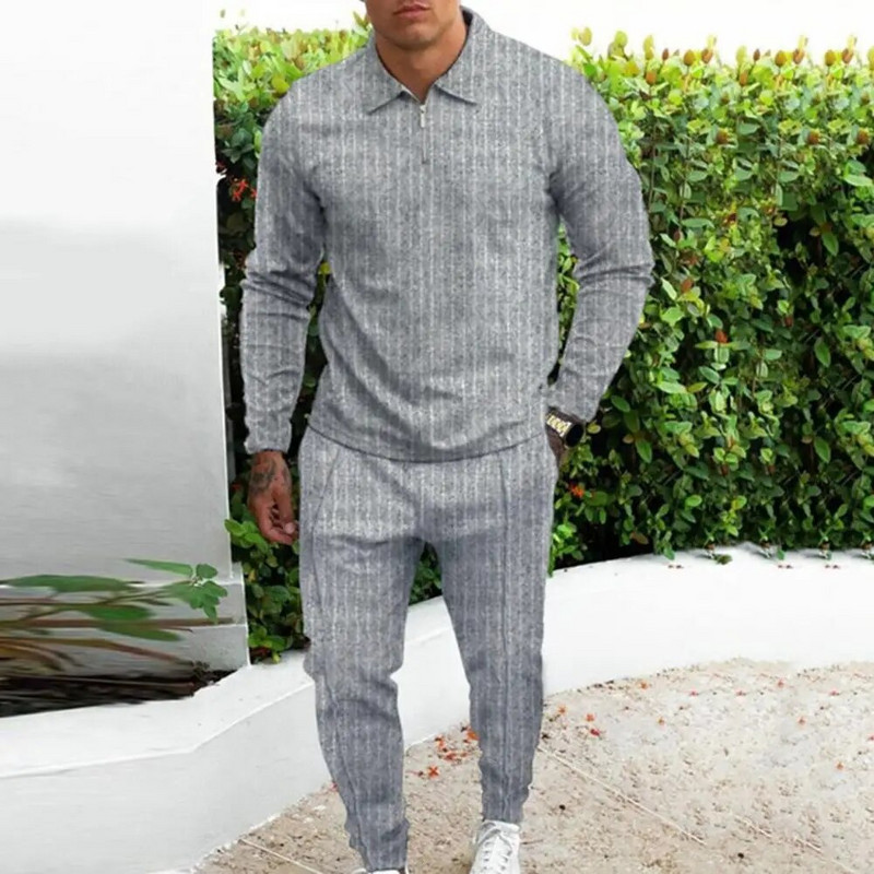 Мъжки анцуг Памучно абсорбиращо изпотяване ленено горнище с дълъг ръкав Спортен костюм със средна талия Панталон Костюм с цип и ревер